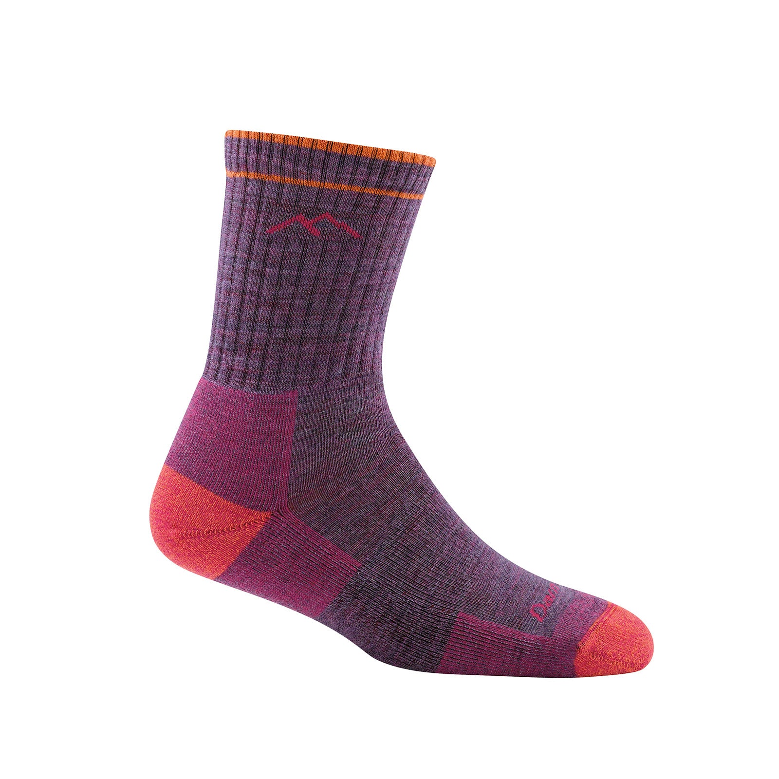 sideview of micro crew cushion womens in purple and pink with orange detail