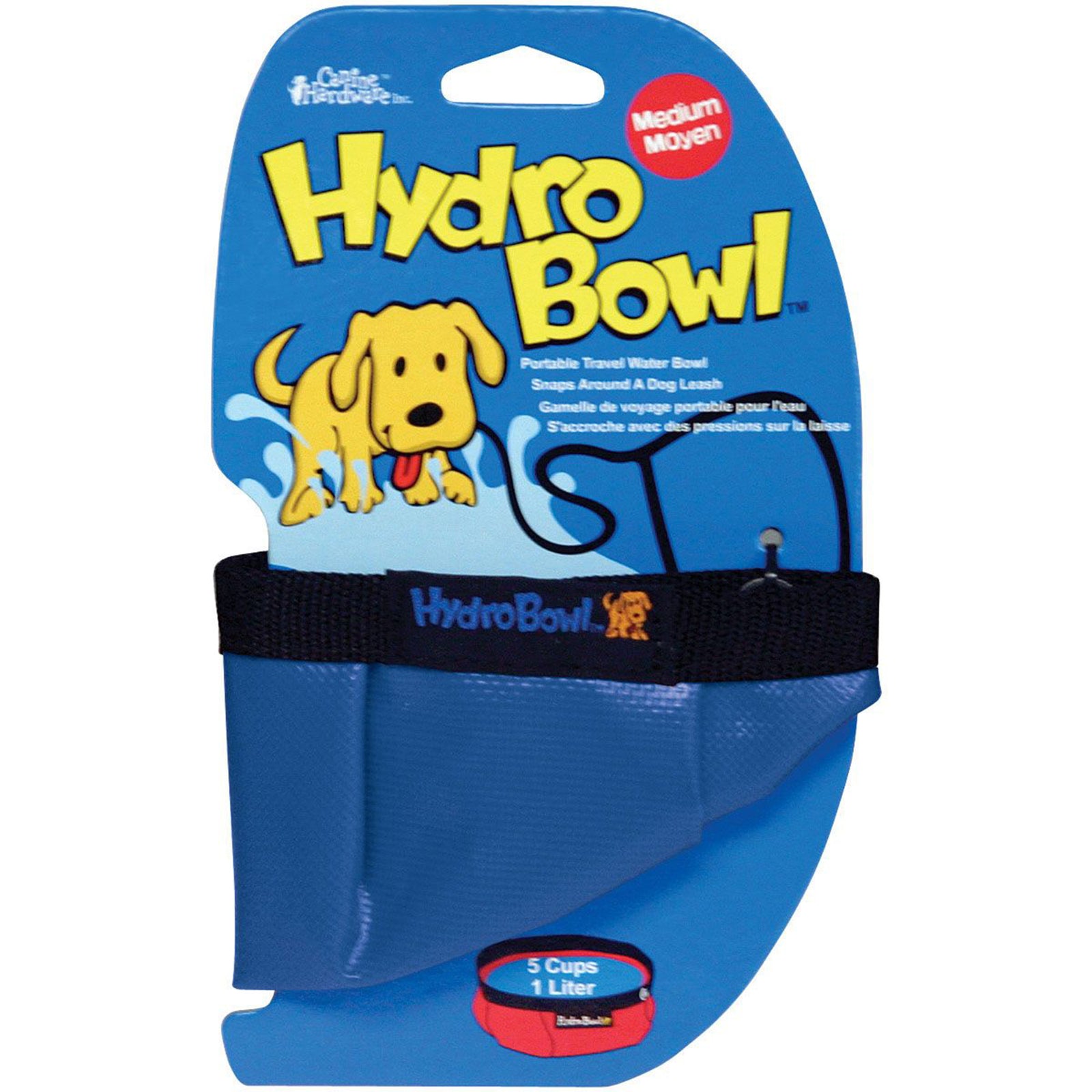 the hydro dog bowl shown in blue still in its packaging, which has a cute dog on the label