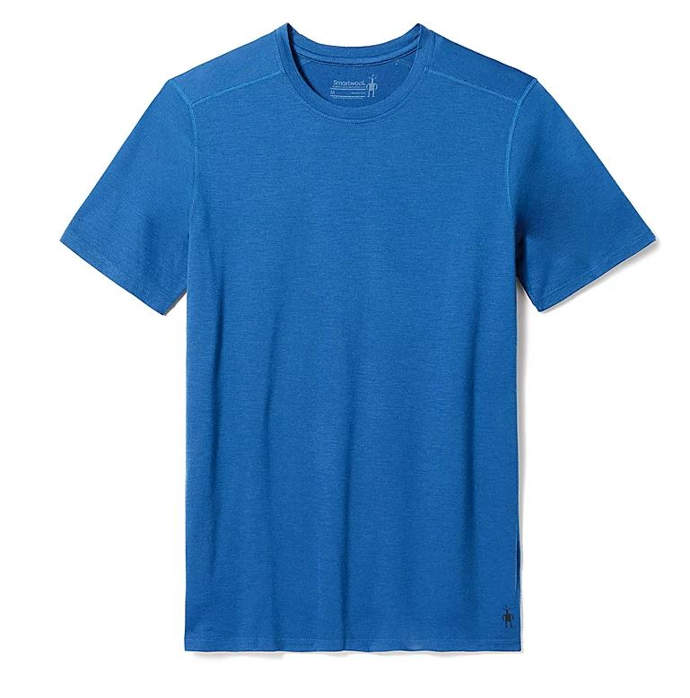 a photo of the smartwool mens merino plant based dye short sleeve tee shirt in the color indigo blue, front view