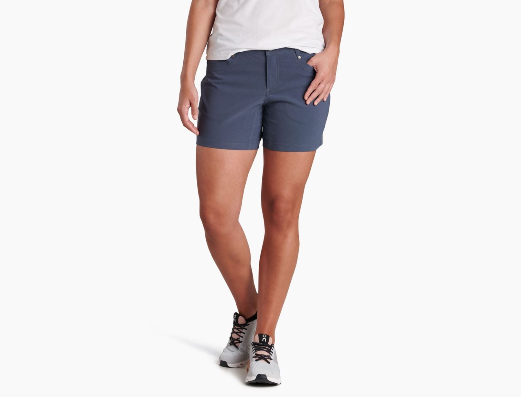 kuhl womens trekr 5 inch shorts on a model, front view in inkwell