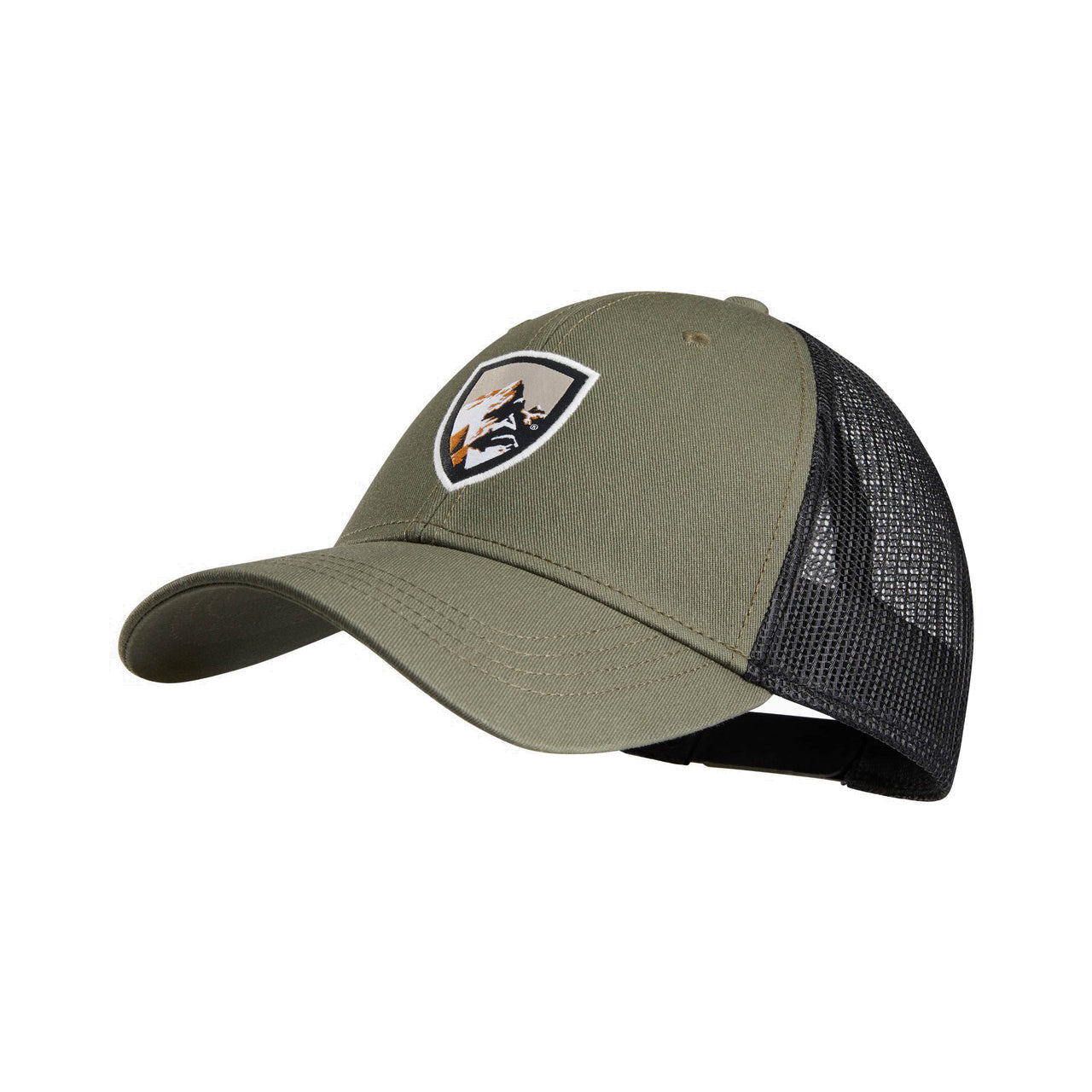 kuhl trucker hat mens three quarter view in color green with kuhl logo and mesh back
