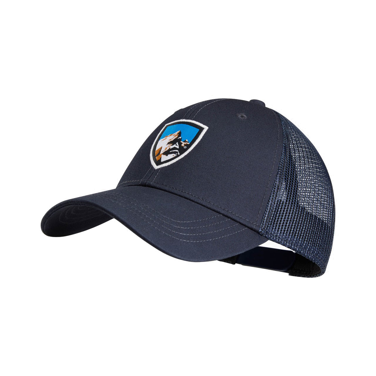 kuhl trucker hat mens three quarter view in color navy blue with kuhl logo and mesh back