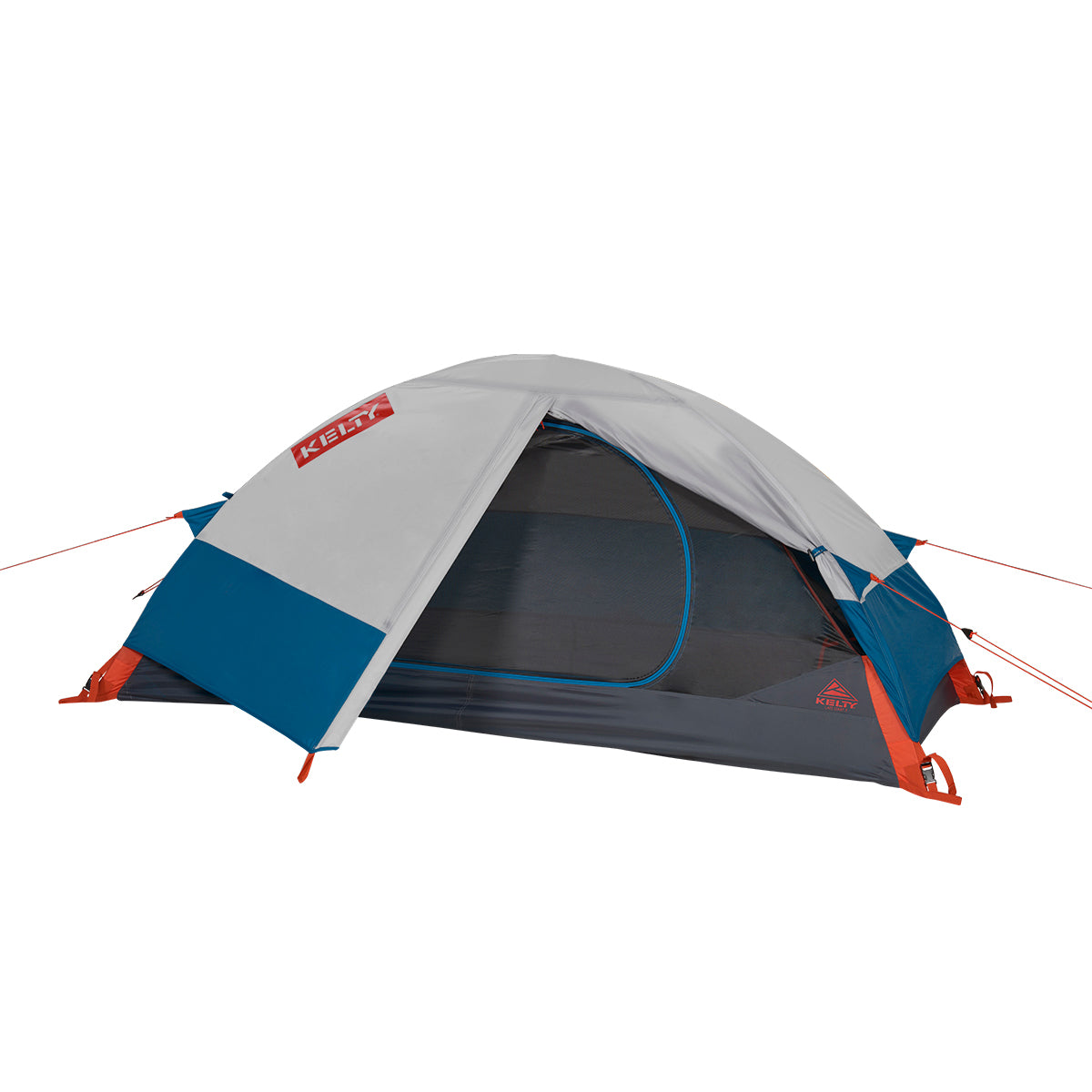 kelty late start 1 person tent with fly on and door open in color light grey and blue with orange details