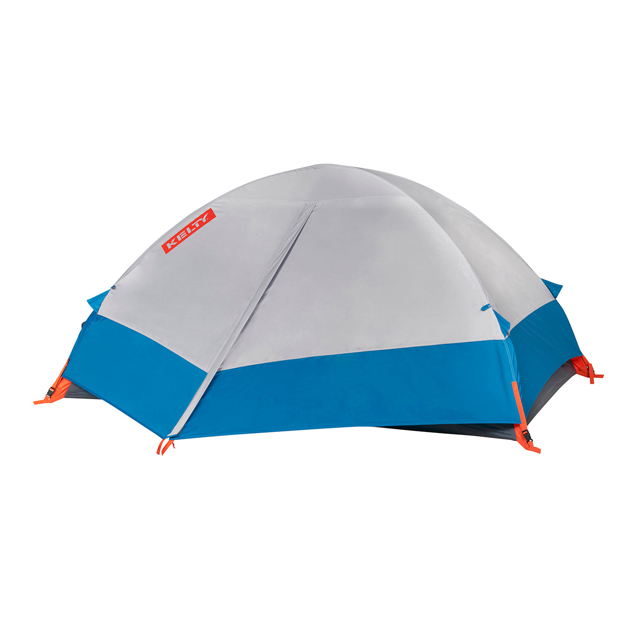 kelty late start 2 person tent with fly on and closed in color light grey and blue with orange accents