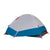 kelty late start 4 person tent with fly on and closed door in color light and dark grey with blue and orange accents