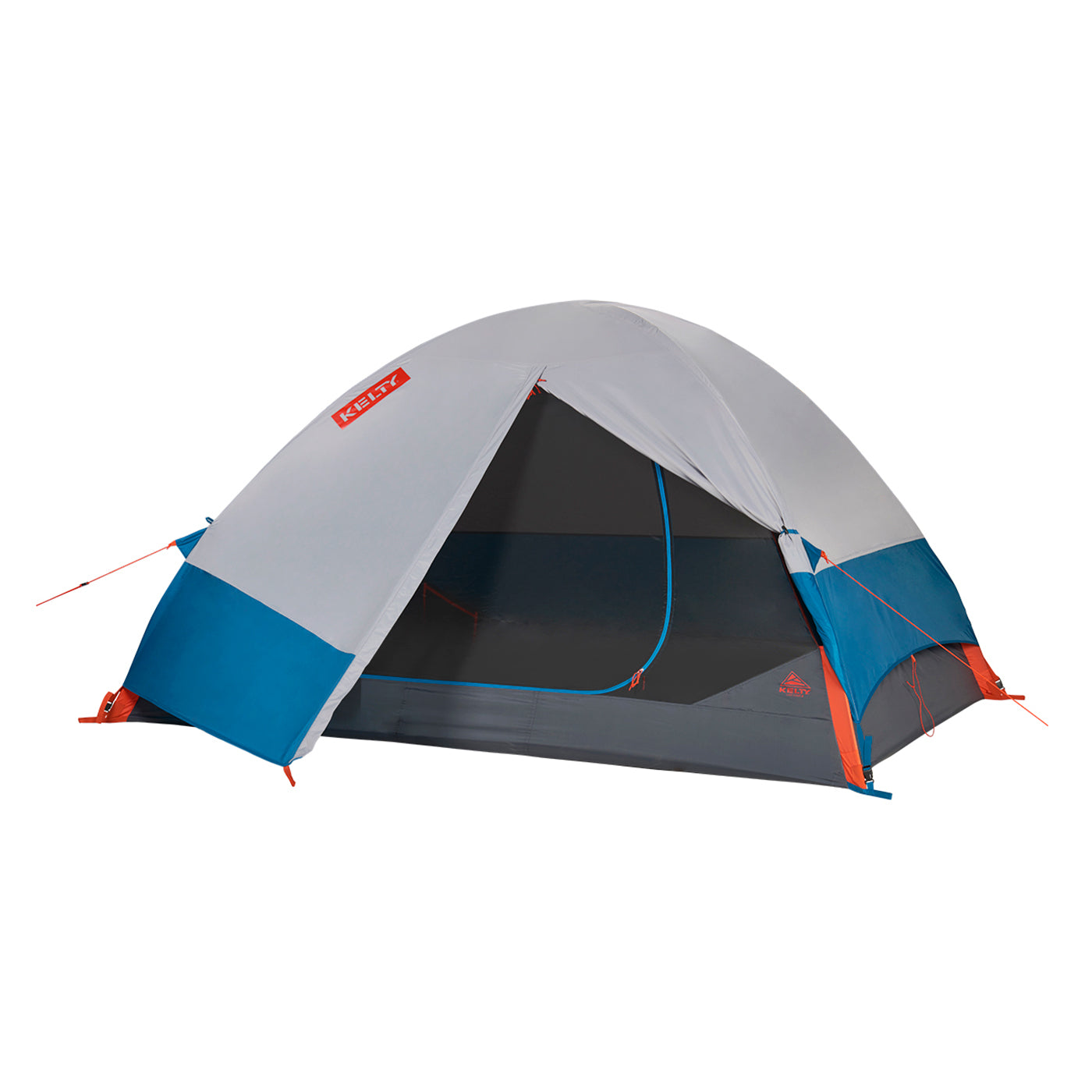 kelty late start 4 person tent with fly on and open door in color light and dark grey with blue and orange accents