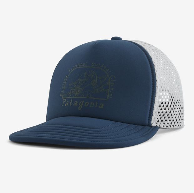 a photo of the patagonia duckbill trucker hat in the color lost and found: tidepool blue