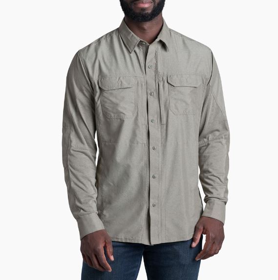 Kuhl Mens Airspeed long sleeve shirt in the color lunar green, front view on a model