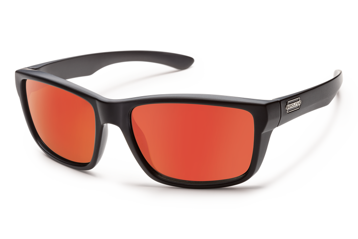 suncloud mayor in matte black with polarized red mirror lenses