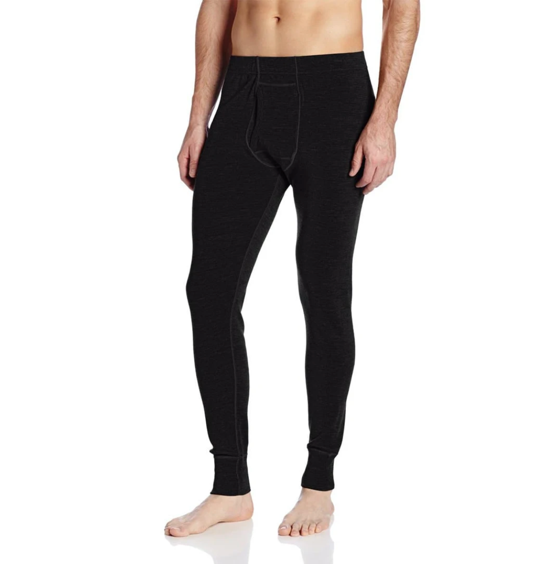 minus33 men&#39;s midweight wool bottoms in black on model front view
