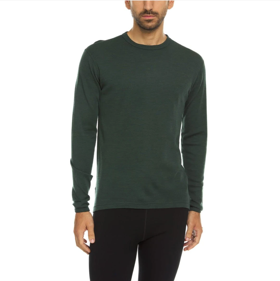 minus33 men's midweight wool crew in forest green on model front view