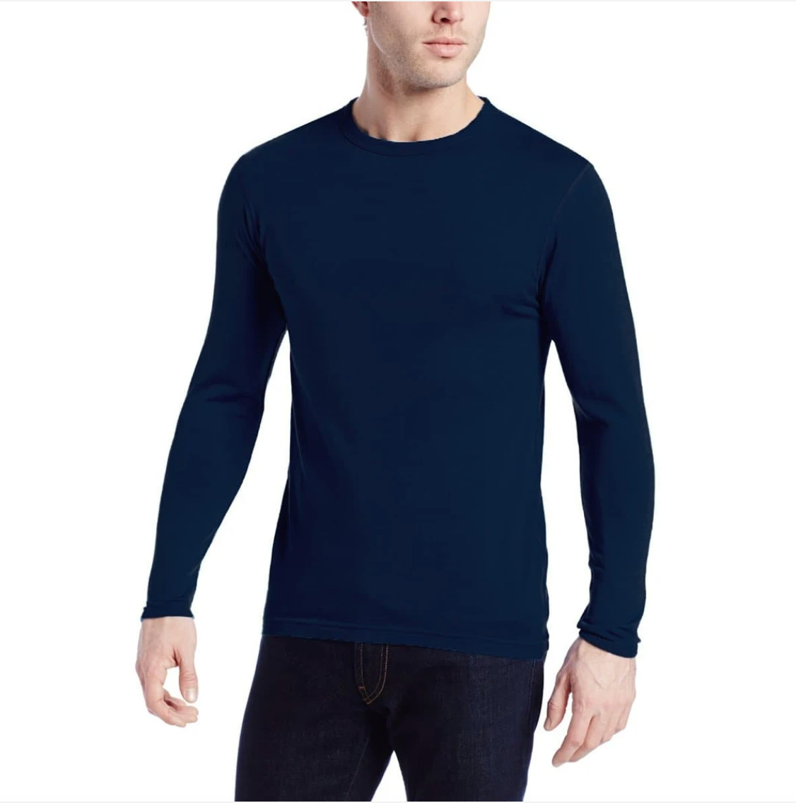 minus33 men's midweight wool crew in navy on model front view