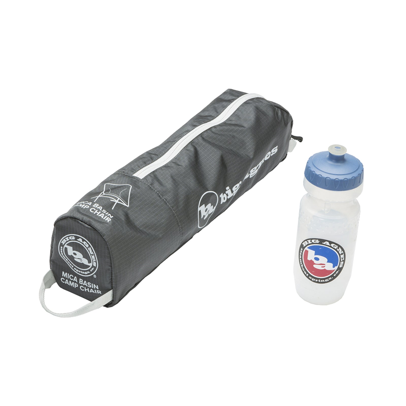 The chair stored in its bag with a 1 quart bottle for comparison