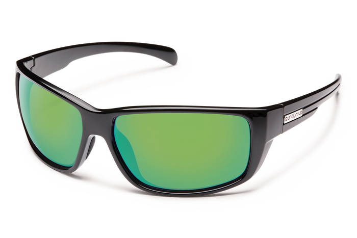 suncloud sunglasses in black with polarized green mirror lenses