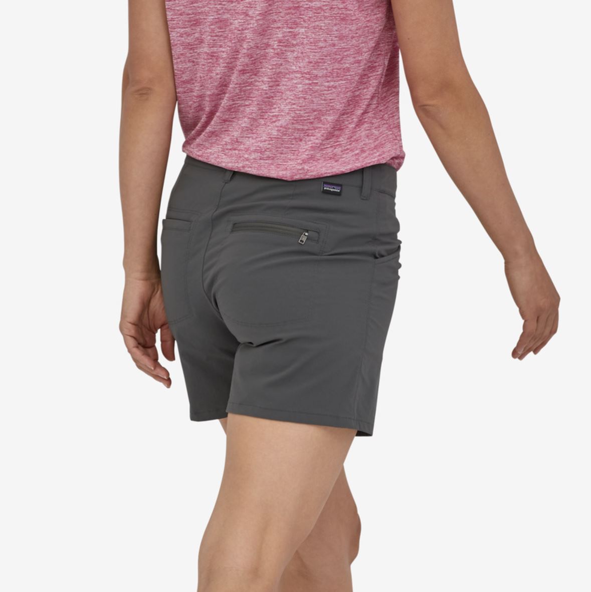 patagonia womens quandary short 5 inch in forge grey, back view on a model
