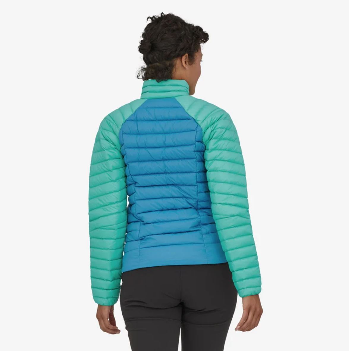 patagonia womens down sweater in anacapa blue, back view on a model