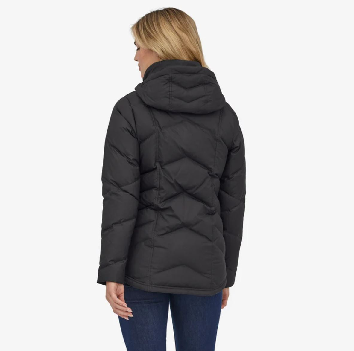 patagonia womens down with it jacket in black, back view on a model