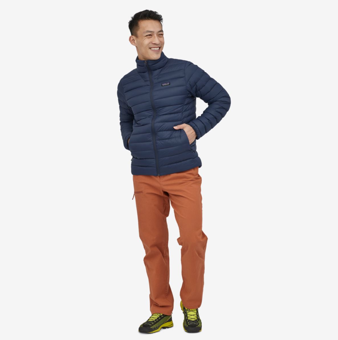 patagonia mens down sweater in new navy, front view on a model
