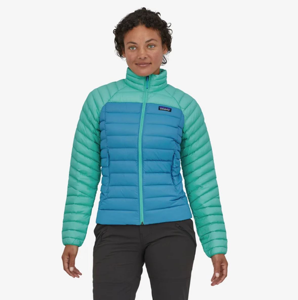 patagonia womens down sweater in anacapa blue, front view on a model