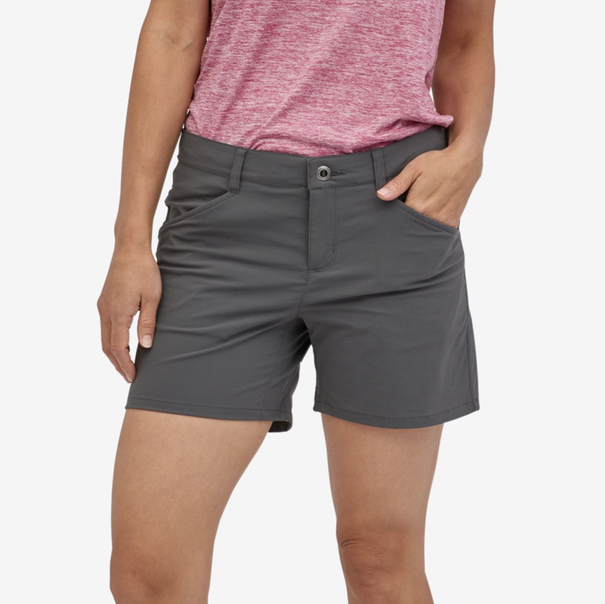 patagonia womens quandary short 5 inch in forge grey, front view on a model