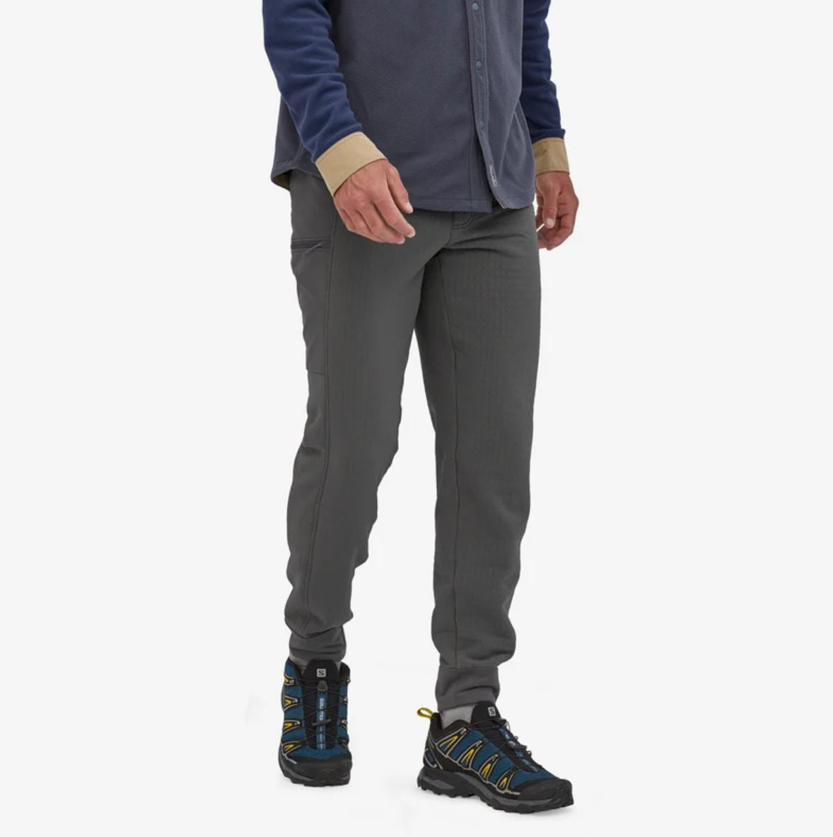 patagonia mens r2 techface pants in forge grey, front view on a model