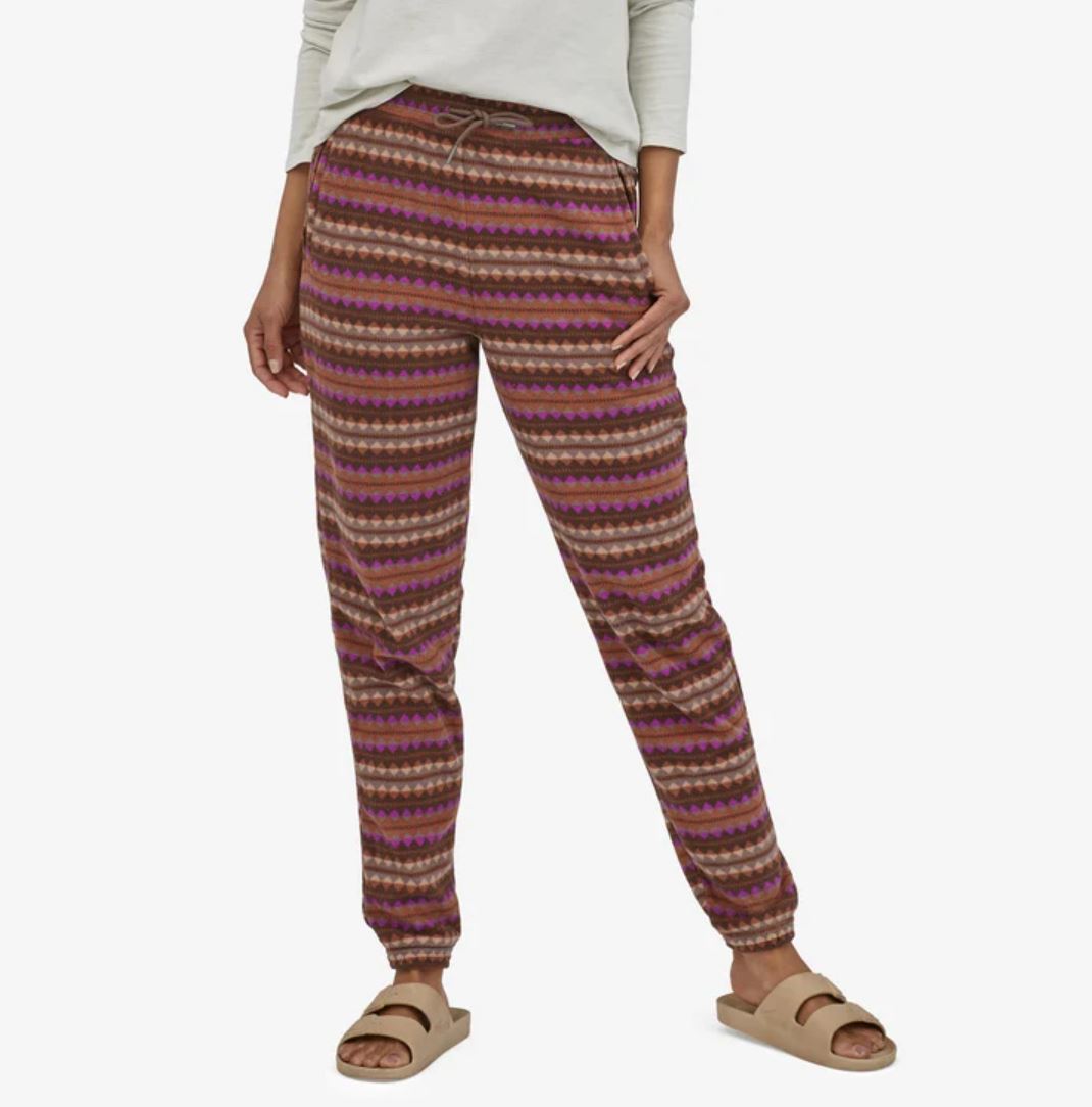 patagonia womens micro d joggers in diamond stripe: sisu brown, front view on a model