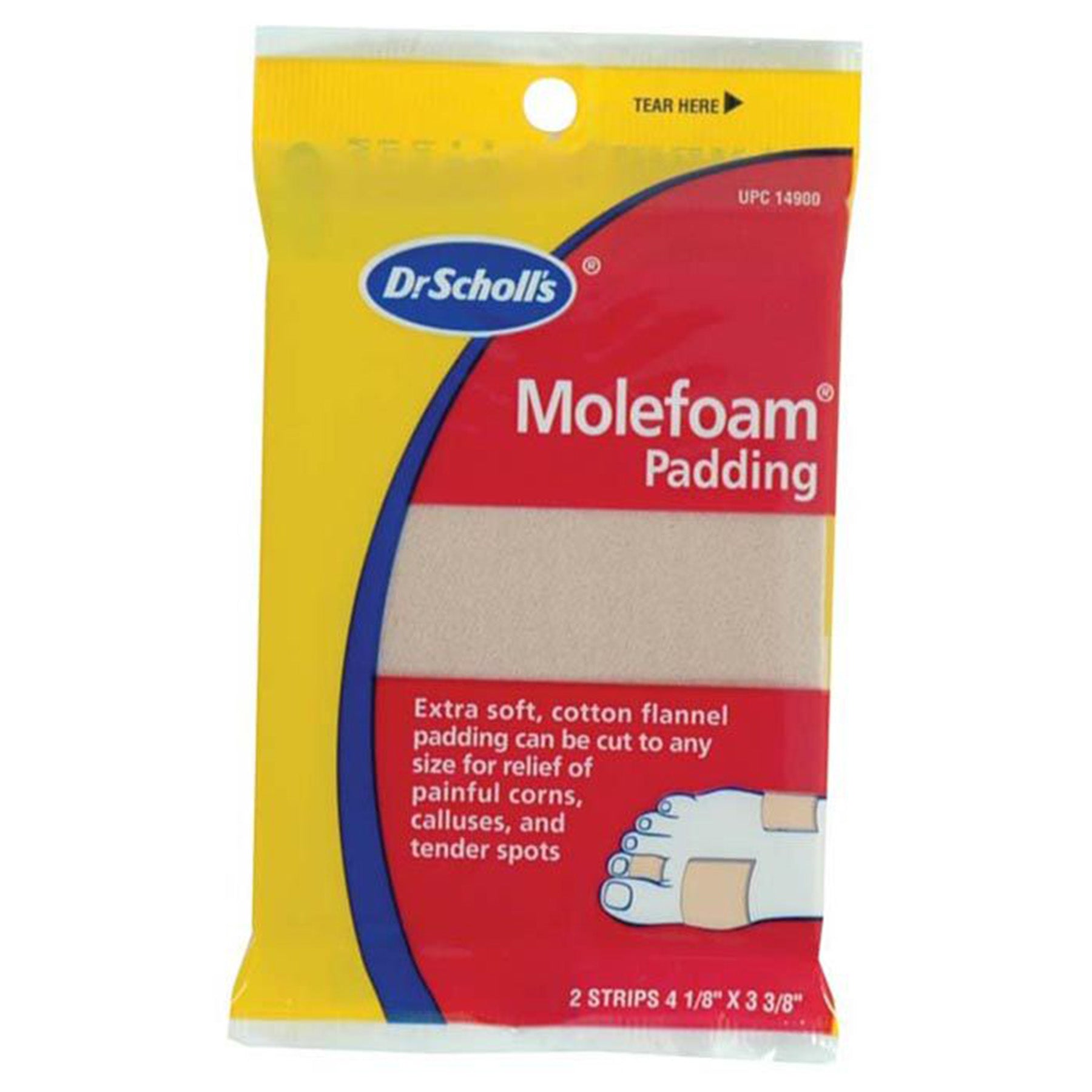 molefoam extra soft cotton flannel padding for relief of blisters, corns, calluses and tender spots, 2 strips 4 1/8" x 3 3/8"