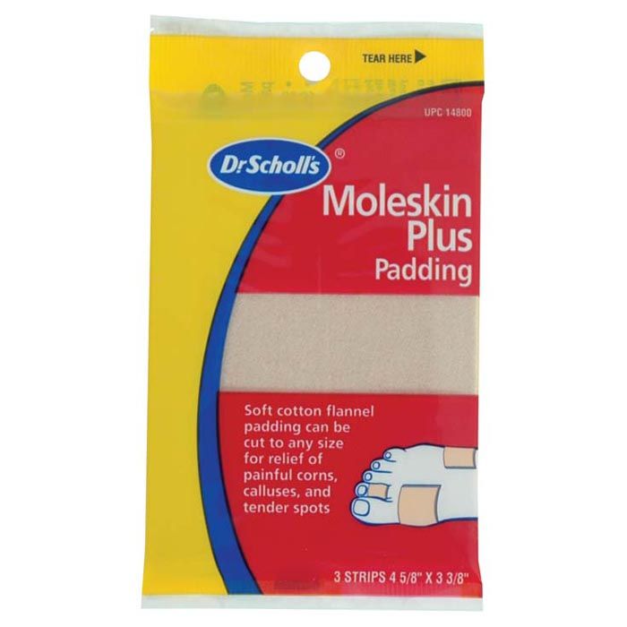 moleskin plus cotton flannel padding for blister care, 3 strips 4 5/8&quot; x 3 3/8&quot;