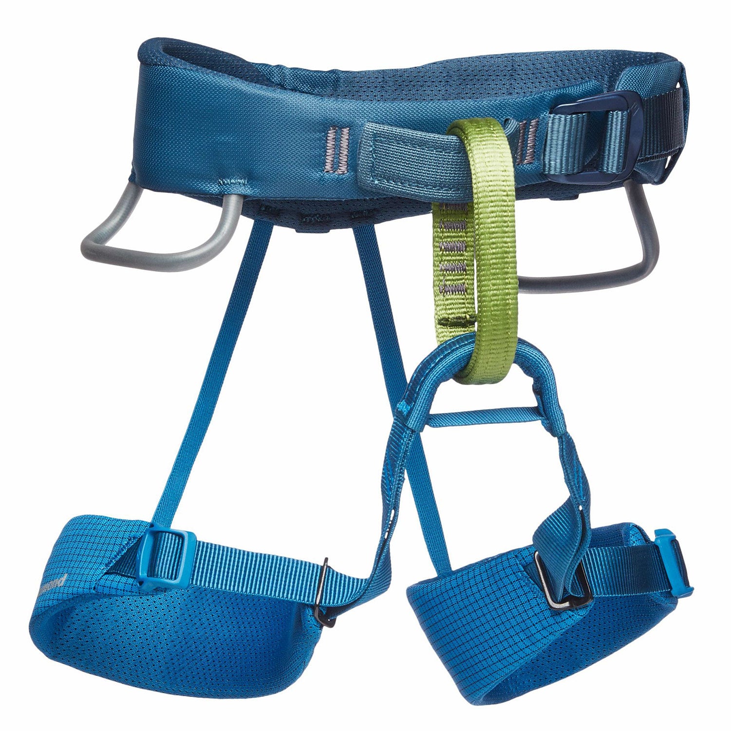 a blue kid's climbing harness
