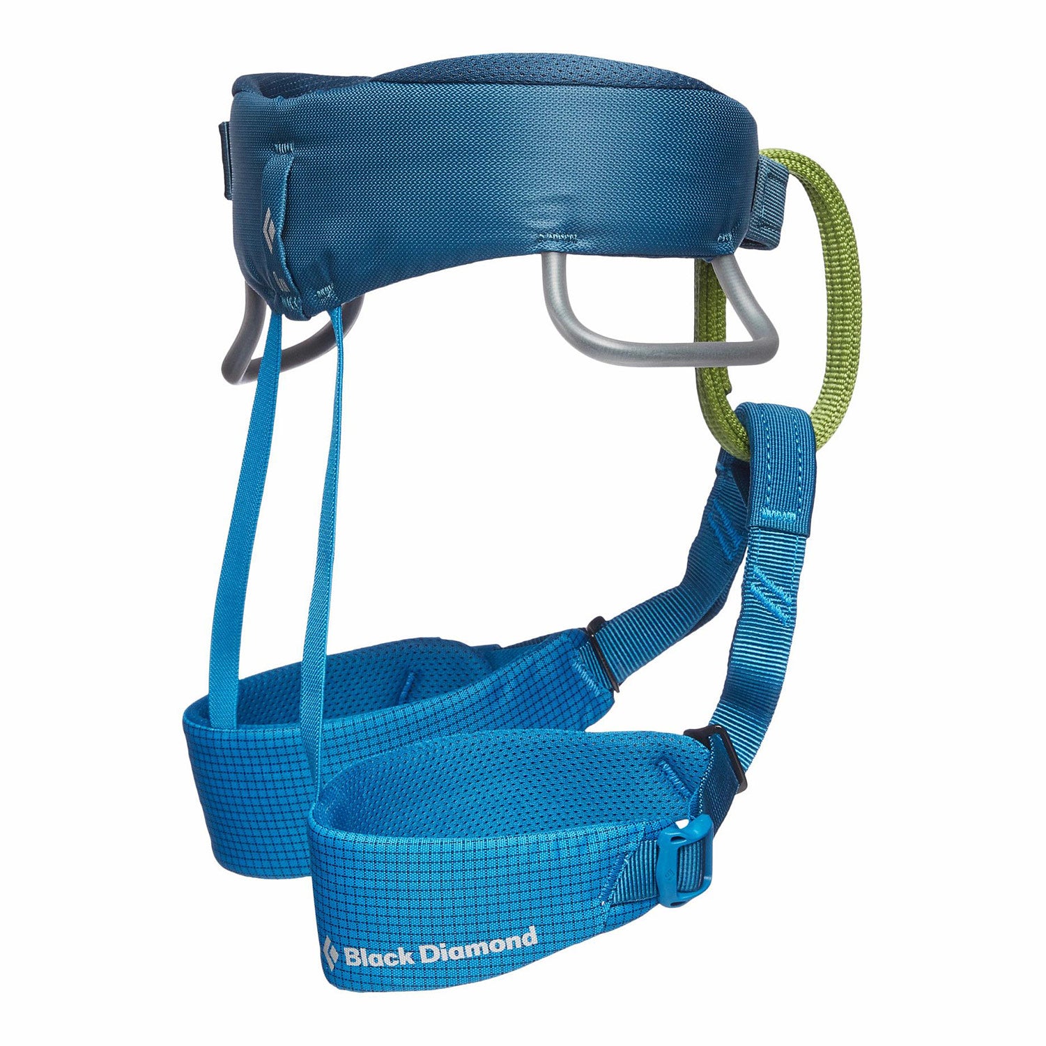 a side view of a blue kid's climbing harness