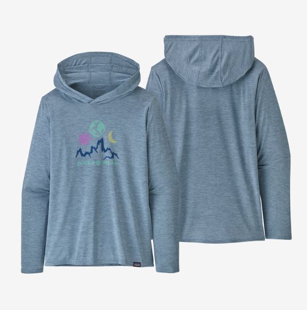 a photo of the patagonia womens capilene cool daily graphic hoody in the color mystic mountain: steam blue x dye, front and back view
