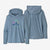 a photo of the patagonia womens capilene cool daily graphic hoody in the color mystic mountain: steam blue x dye, front and back view