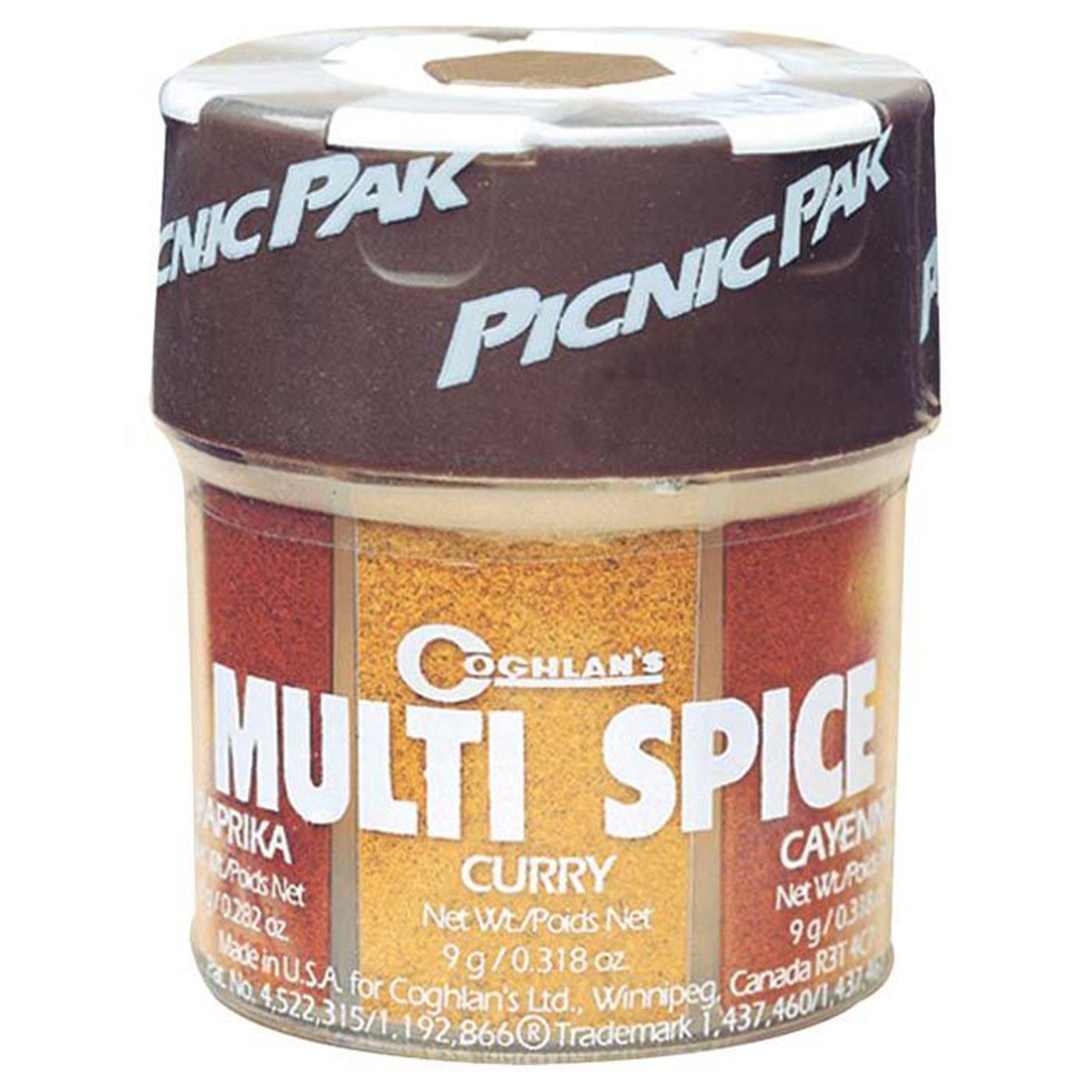 shows the front view of the multi spice container. visible are paprika, curry and cayenne