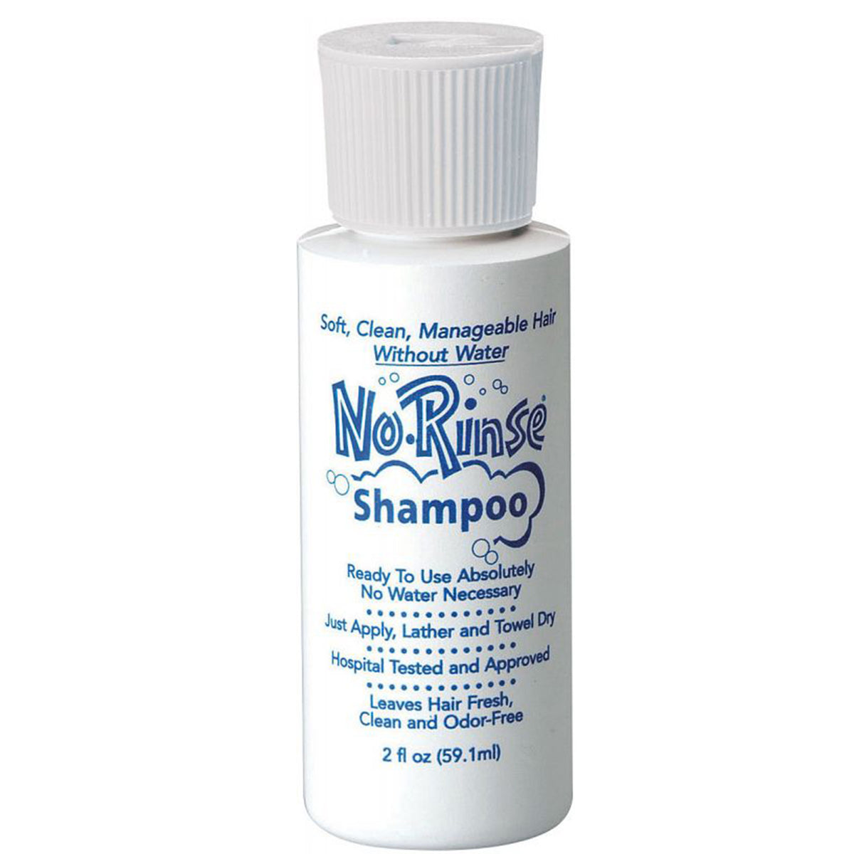 the front of the package of the 2oz container of no rinse shampoo