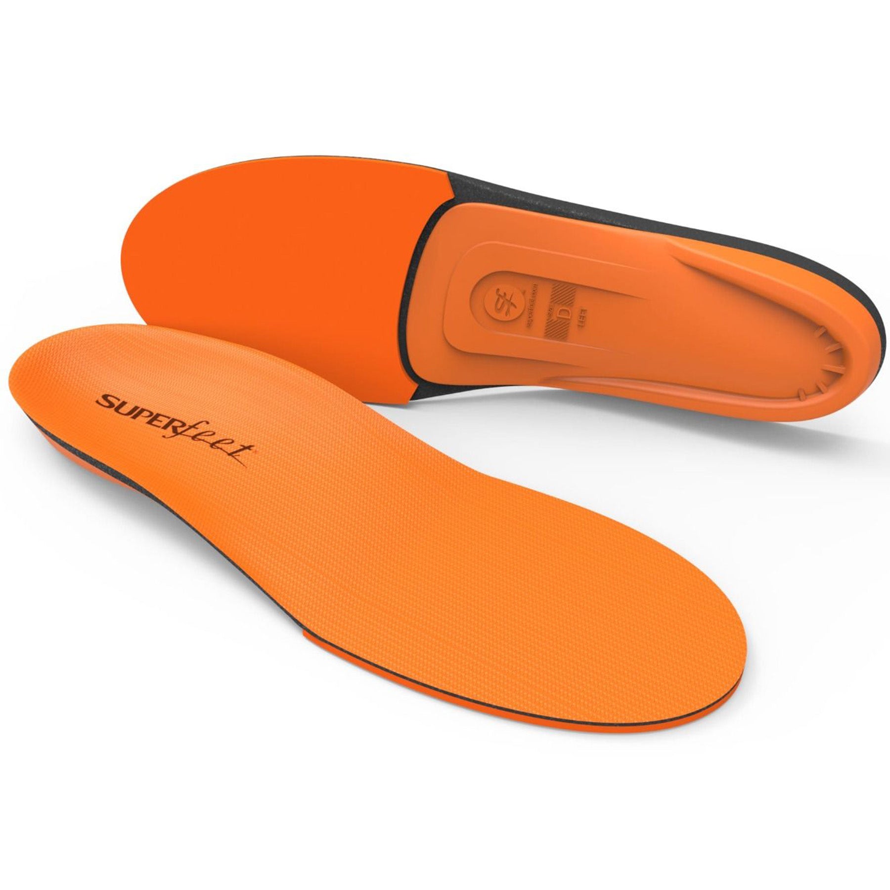 a pair of the orange insoles showing the top and bottom of the pair