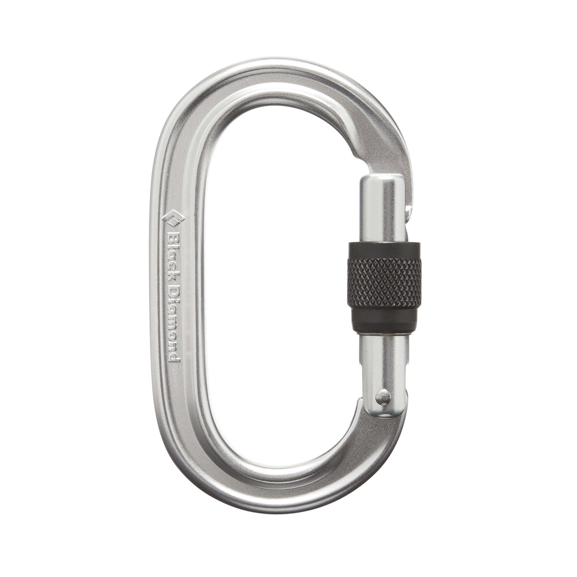 silver oval carabiner with black screwlock in unlocked position