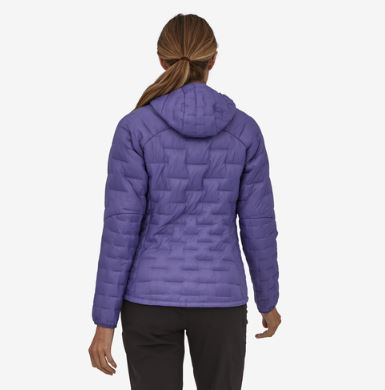 patagonia womens micro puff hoody in perennial purple, back view on a model