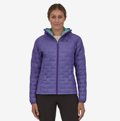patagonia womens micro puff hoody in perennial purple, front view on a model