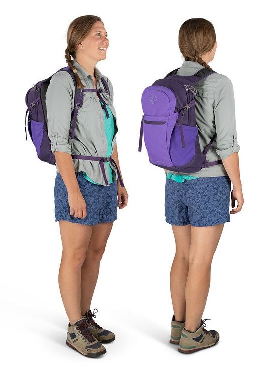 osprey daylite plus backpack in purple, front and back view on a model
