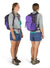osprey daylite plus backpack in purple, front and back view on a model