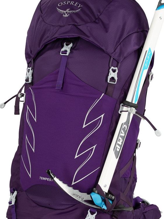 osprey tempest 40 pack in violac purple, ice axe attachment detail