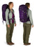 osprey tempest 40 pack in violac purple, front and back view on a model