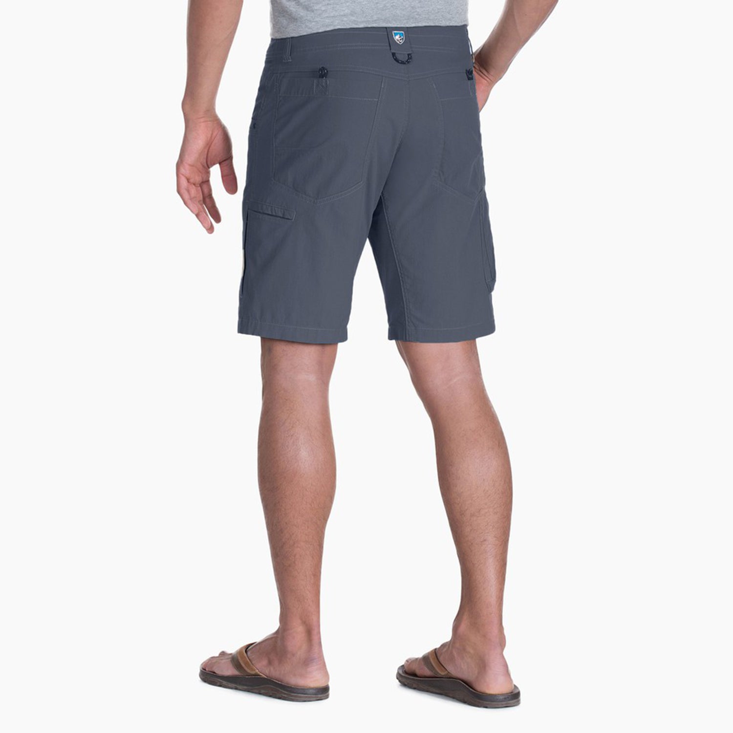 kuhl hiking shorts mens on model back view in color blue grey