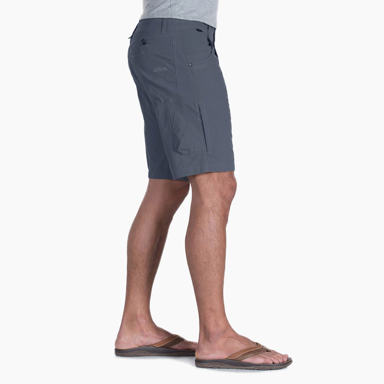 kuhl hiking shorts mens on model side view in color blue grey