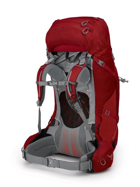 osprey ariel plus 70 backpack in carnelian red, back view