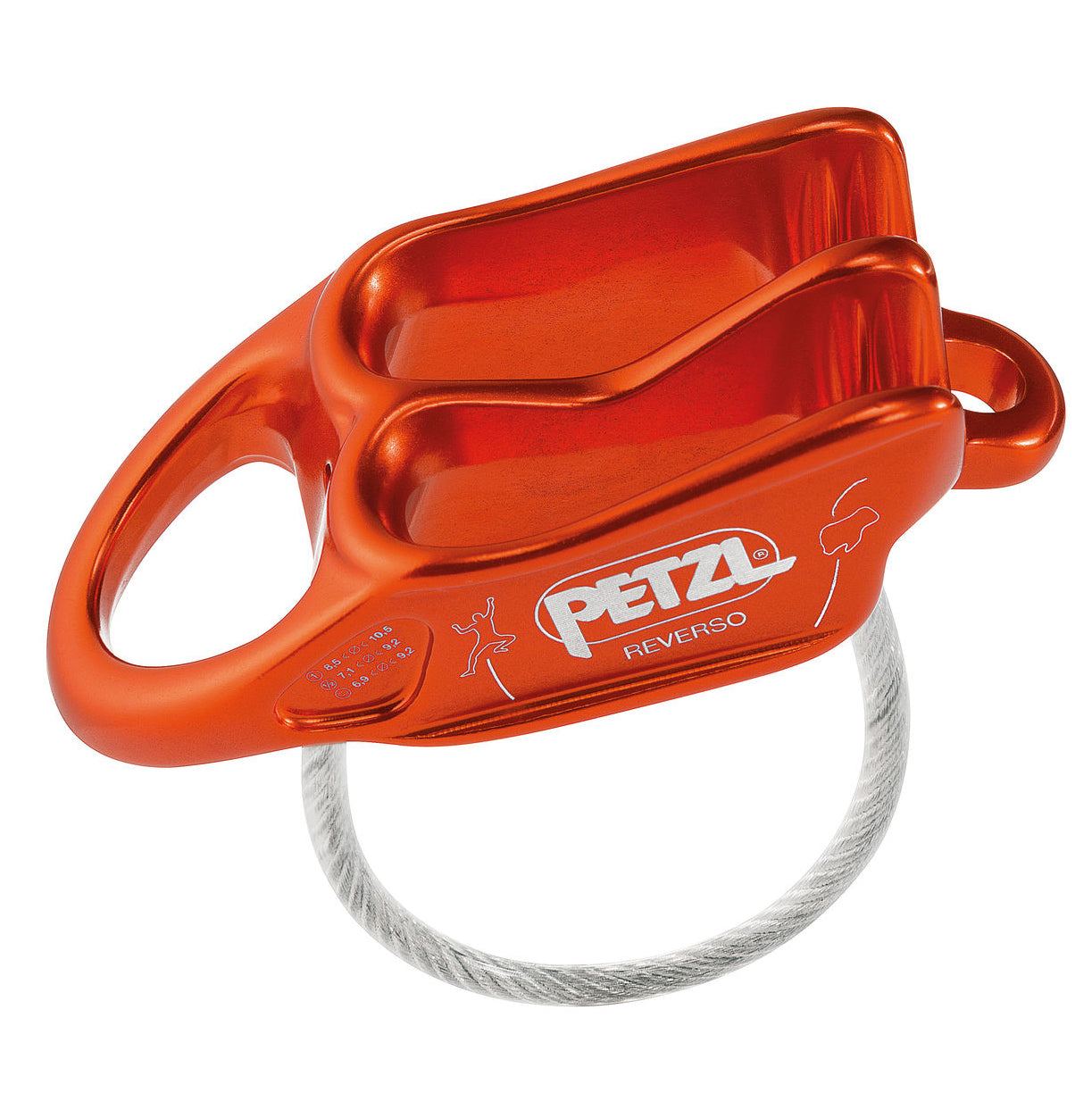 the petzl reverso belay device, in orange