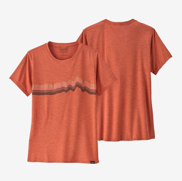 a photo showing the front and back of the patagonia womens capilene cool daily graphic shirt in the color ridge rise stripe: quartz coral