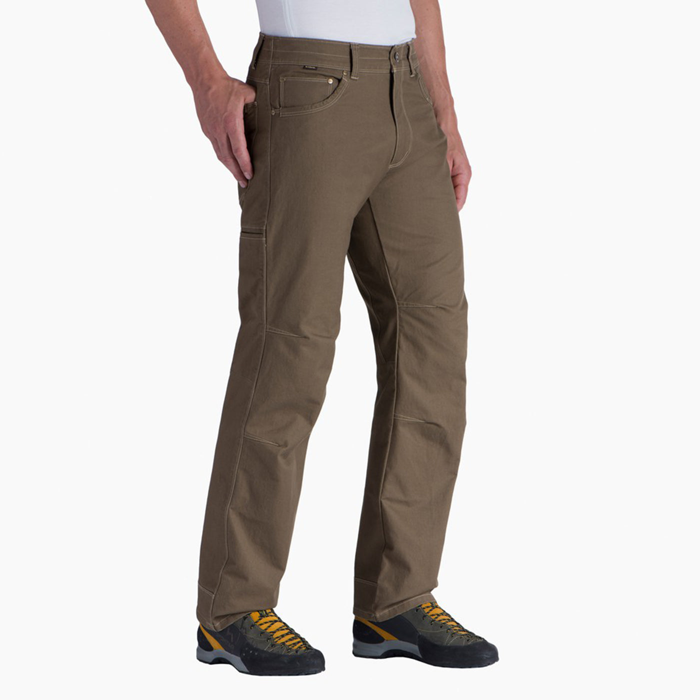 kuhl rydr pant mens on model three quarter view in color brown khaki