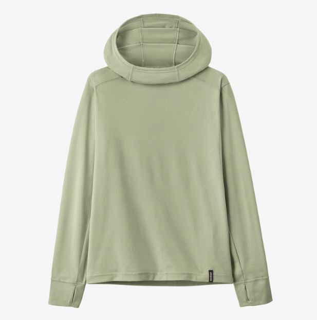 a photo of the patagonia kids capilene silkweight hoody in the color salvia green, front view