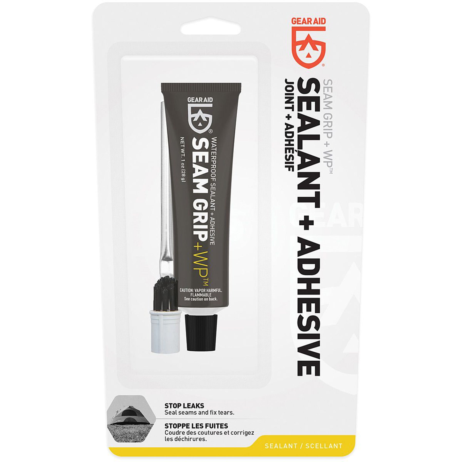 seam grip waterproof sealer, designed to stop leaks, seal seams and fix tears in outdoor fabrics; 1oz tube + applicator brush